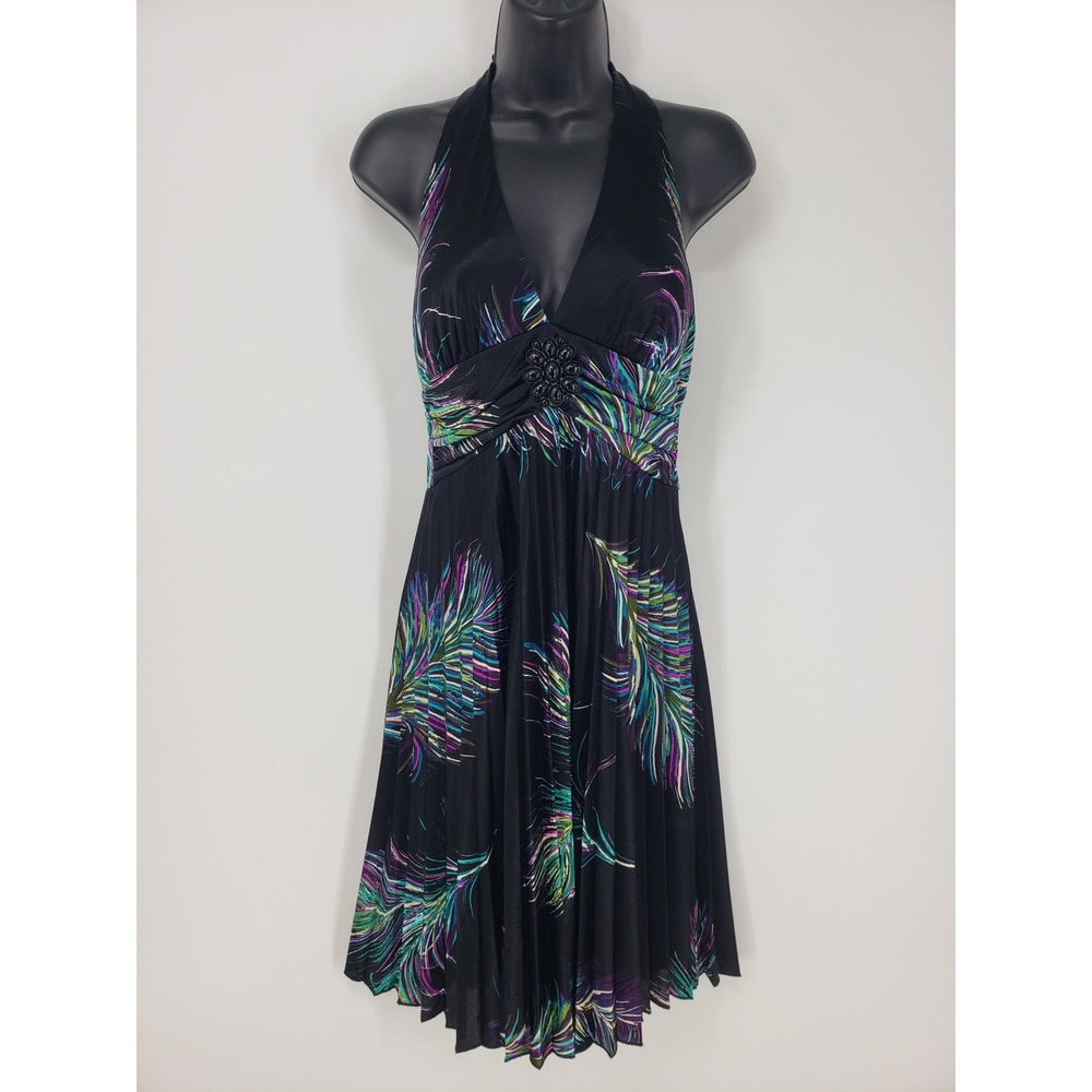 Vintage Y2K Halter Dress Sz M Black Feather Print Pleated Satin Party Whimsigoth
